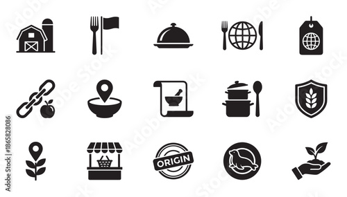 Set of fifteen black glyph icons illustrating food origin, from farm to table concepts including agriculture, supply chain, local markets, and quality assurance symbols