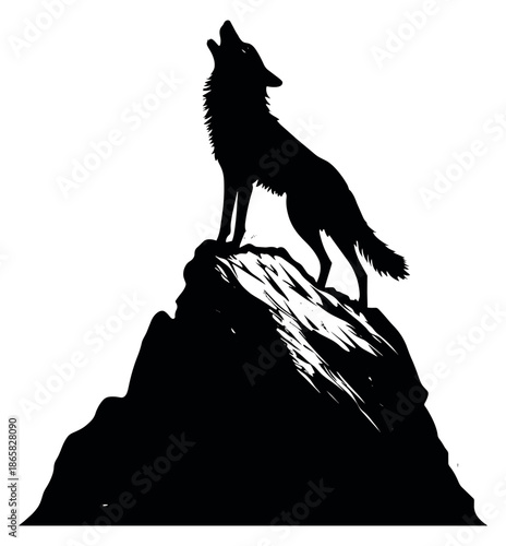 Graphic silhouette illustration of a wolf depicting howling on a rock for nature and wilderness concepts
