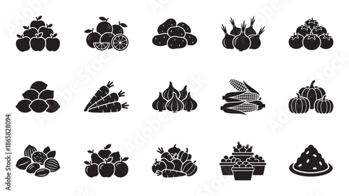 Collection of black fruit and vegetable icons featuring apples, oranges, potatoes, onions, carrots, and corn in a minimalist glyph style for graphic design