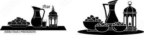 Iftar Table Silhouette Vector - Islamic Ramadan Food Set with Dates, Water Jug, and Lantern