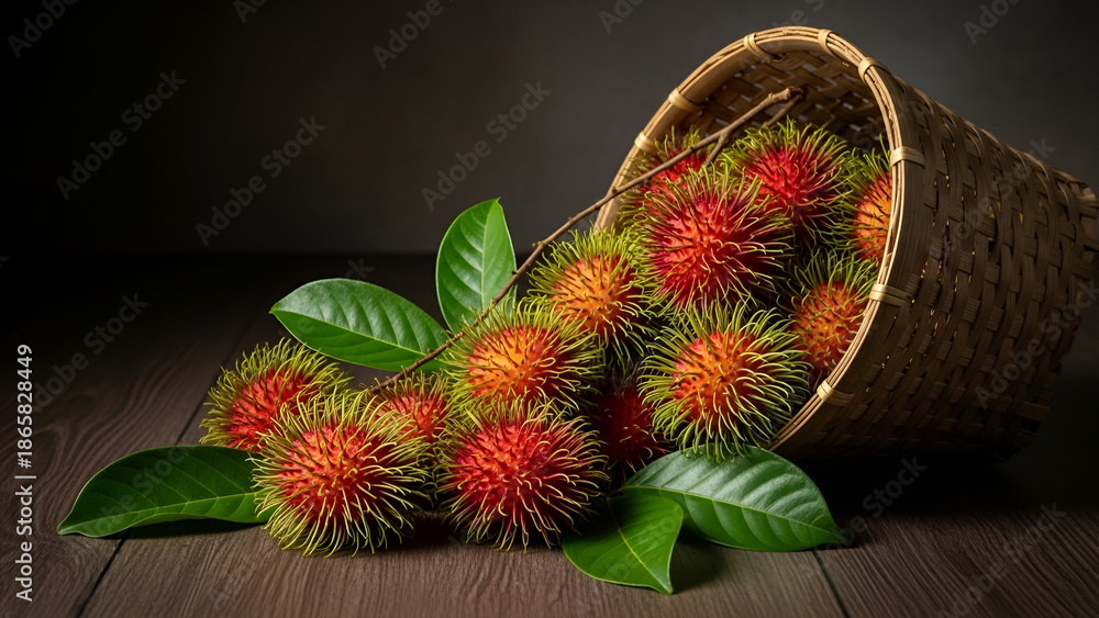 Fototapeta premium Realistic image of fresh rambutan fruits with green leaves in and around a woven basket, placed on a rustic wooden table, featuring dramatic lighting and rich natural textures.