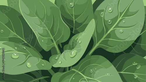 Fresh green leaves with dew drops in a flat nature style design