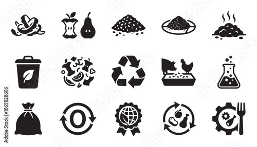 Food waste management and recycling icon set with black glyphs representing composting, organic trash, sustainability, and circular economy principles