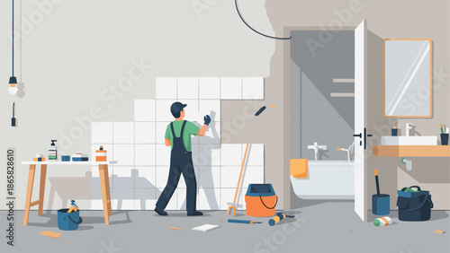 Home renovation scene with tiling work in modern bathroom setting