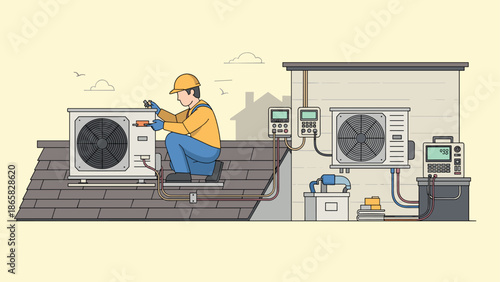 Hvac technician working on rooftop heating and cooling system in flat style