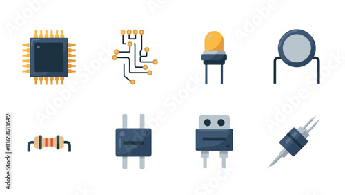 Electronic components set: chip, circuit, led, resistor icons in flat style