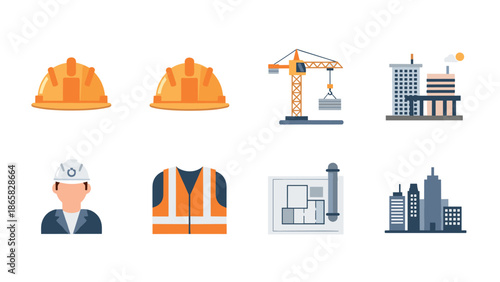 Construction icon set: hard hats, cranes, buildings, architect plans and accessories