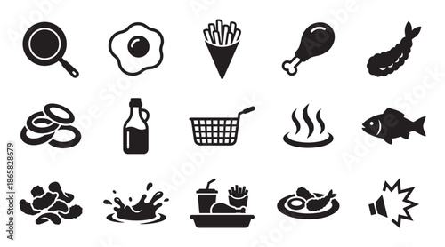 Collection of black fried food icons representing various meals and cooking elements like a frying pan, egg, french fries, chicken, shrimp, and onion rings in a simple glyph style