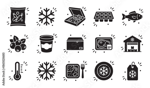 Collection of black glyph icons representing frozen food, refrigeration, and cold storage products like pizza, fish, meat, and vegetables in a simple flat vector style illustration set