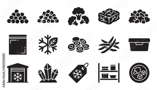 Collection of black frozen food glyph icons showing vegetables, containers, and freezing symbols in a minimalist flat vector style for food preservation and storage concepts