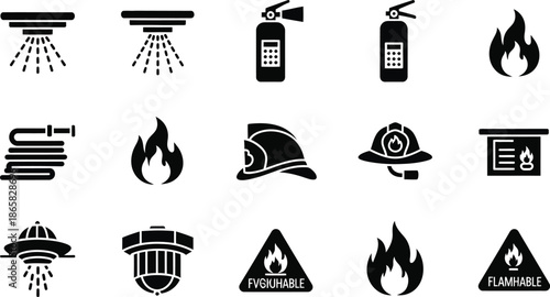 Collection of fire safety and evacuation glyph icons featuring equipment and emergency symbols for safety awareness