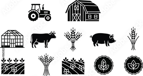 Agricultural vector icons including farm animals, crops, tools, buildings, and equipment for farming, food production, environment, and rural life themes