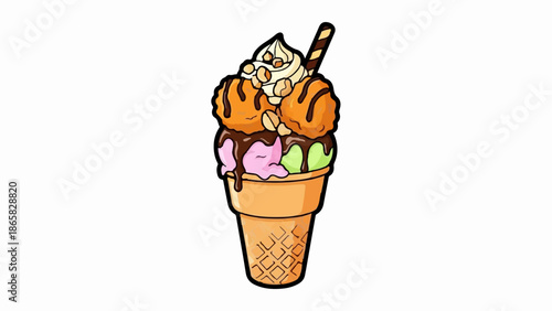 A colorful and tempting ice cream cone with multiple scoops and toppings