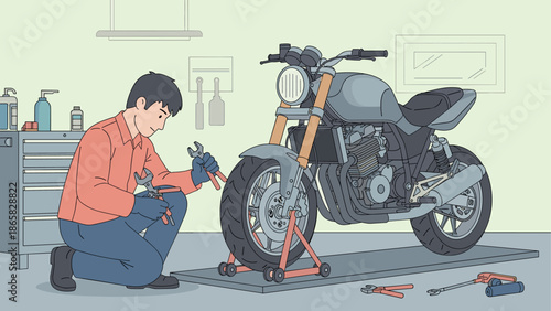 Mechanic fixing motorcycle in garage workshop with tools and equipment