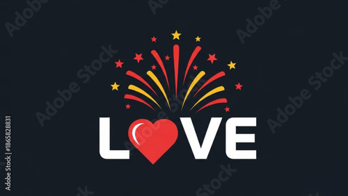 The word LOVE with a heart symbol and fireworks representing romance and celebration perfect for Valentines Day or wedding invitations