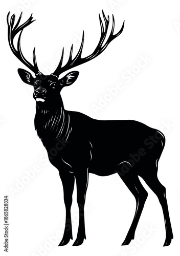 Hand drawn silhouette illustration of a majestic stag depicting a powerful stance for wildlife design