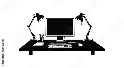 a minimalist workstation setup featuring a computer lamps and office supplies in a striking silhouette