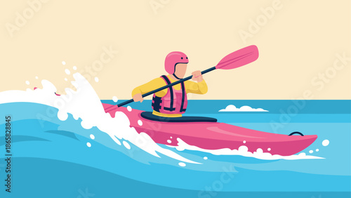 Flat illustration of a person kayaking in the ocean with splashes and waves