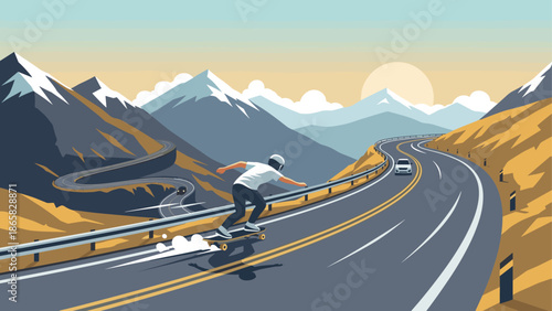 Skateboarder navigating winding mountain road at sunset
