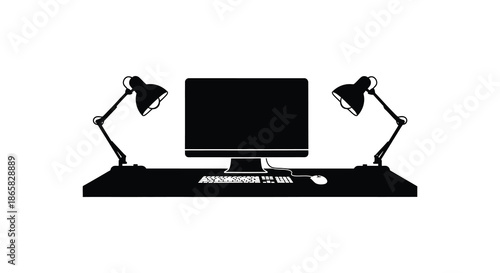 a minimalist depiction of a computer setup with two lamps and peripherals in silhouette high quality
