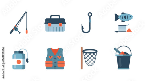 Essential fishing gear icons: rod, tackle box, hook, fish, bobber, water bottle, life vest, net, bucket