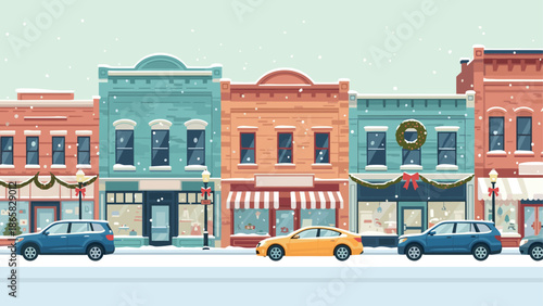 Charming downtown winter scene with snow-covered shops and festive decorations