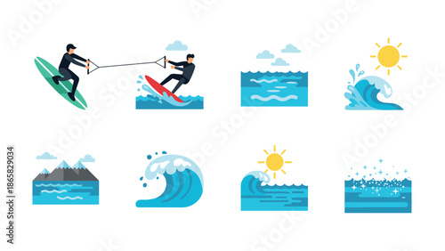 Water activities and ocean elements in flat style: surfing, waves, and sunny scenes