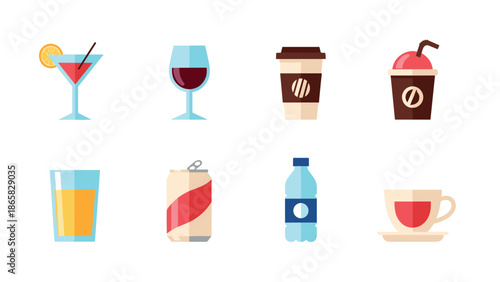 Colorful beverage icons: coffee, cocktails, and refreshments in flat style