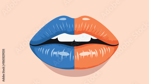 Colorful split lips with blue and orange shades on light background