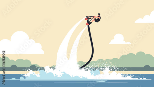 Man flyboarding over water with splashes and clouds in minimalist style