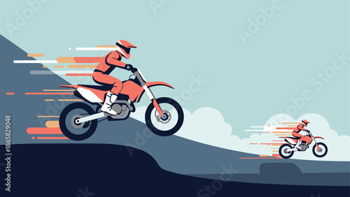 Thrilling dirt bike adventure on a scenic hillside in modern flat art style
