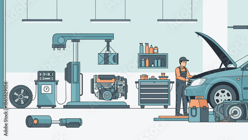Mechanic working in auto repair shop with open car hood and tools in modern flat design