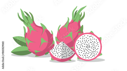 Vibrant dragon fruit on white background with sliced interior revealing seed pattern