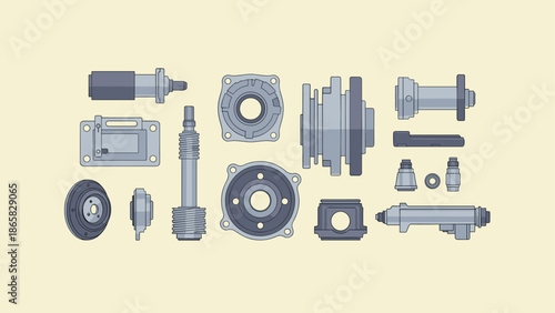 Mechanical parts collection with flat industrial style components for engineering designs