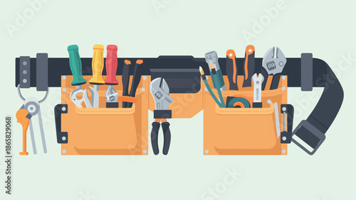 Toolkit belt with tools in flat design: wrenches, pliers, screwdrivers
