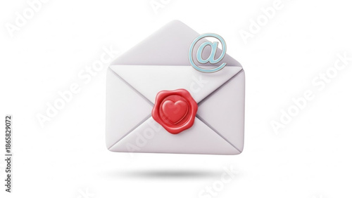 Open envelope with red wax seal and at symbol representing email communication and love messages isolated on white background