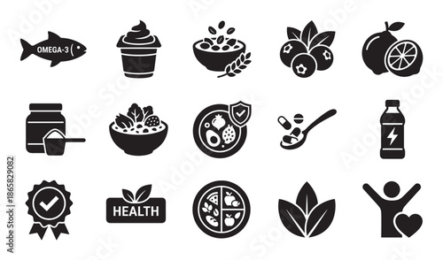 Set of black glyph icons representing healthy food, nutrition, diet, and wellness concepts including omega-3 fish, supplements, fruit, and organic symbols for a healthy lifestyle