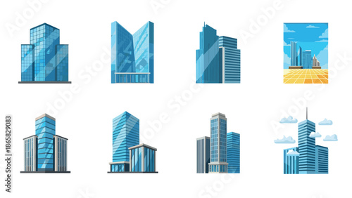 Modern city skyscrapers set in flat style with blue architectural designs