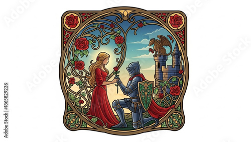 Knight in armor offers a rose to a princess under a rose bush stained glass art nouveau style fairy tale romance and fantasy concept