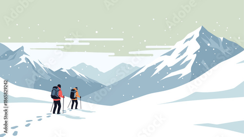 Adventure hikers in snowy mountain landscape with scenic winter view