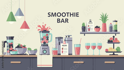 Modern smoothie bar with fresh ingredients and blender in flat design