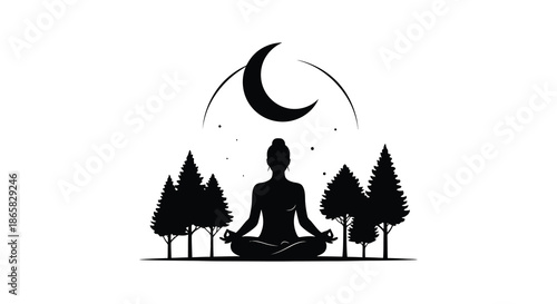 a serene depiction of a meditating woman amidst trees under a crescent moon a beautiful silhouette