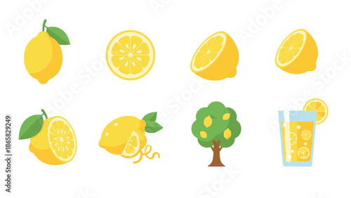 Fresh lemon collection: slices, whole, tree, and lemonade in flat design