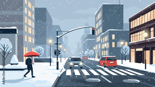 Winter cityscape with snowfall: urban scene with pedestrians and traffic