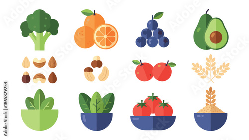 Colorful flat icons of fruits, vegetables, nuts, and grains for healthy eating