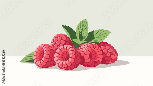 Vibrant raspberries with fresh leaves on light background