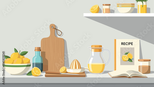 Cozy kitchen scene with lemons and juicer in modern flat design