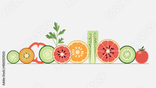 Colorful sliced citrus and vegetables in flat design style