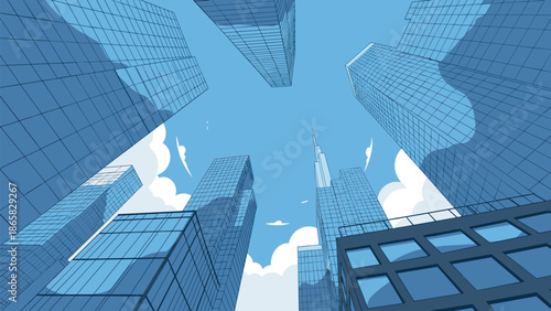 Dramatic cityscape with skyscrapers in minimalistic linear style on a clear day