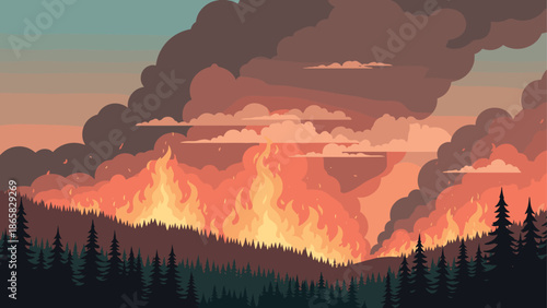 Dramatic landscape of forest fire with intense flames and smoke in the evening sky